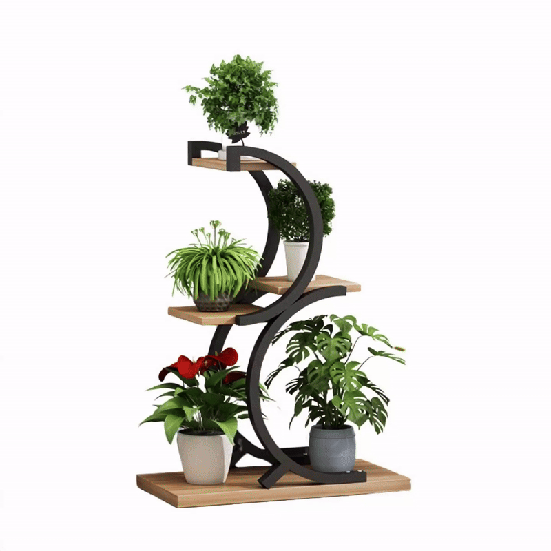 porte élégante noir et marron avec 5 plantes dessus