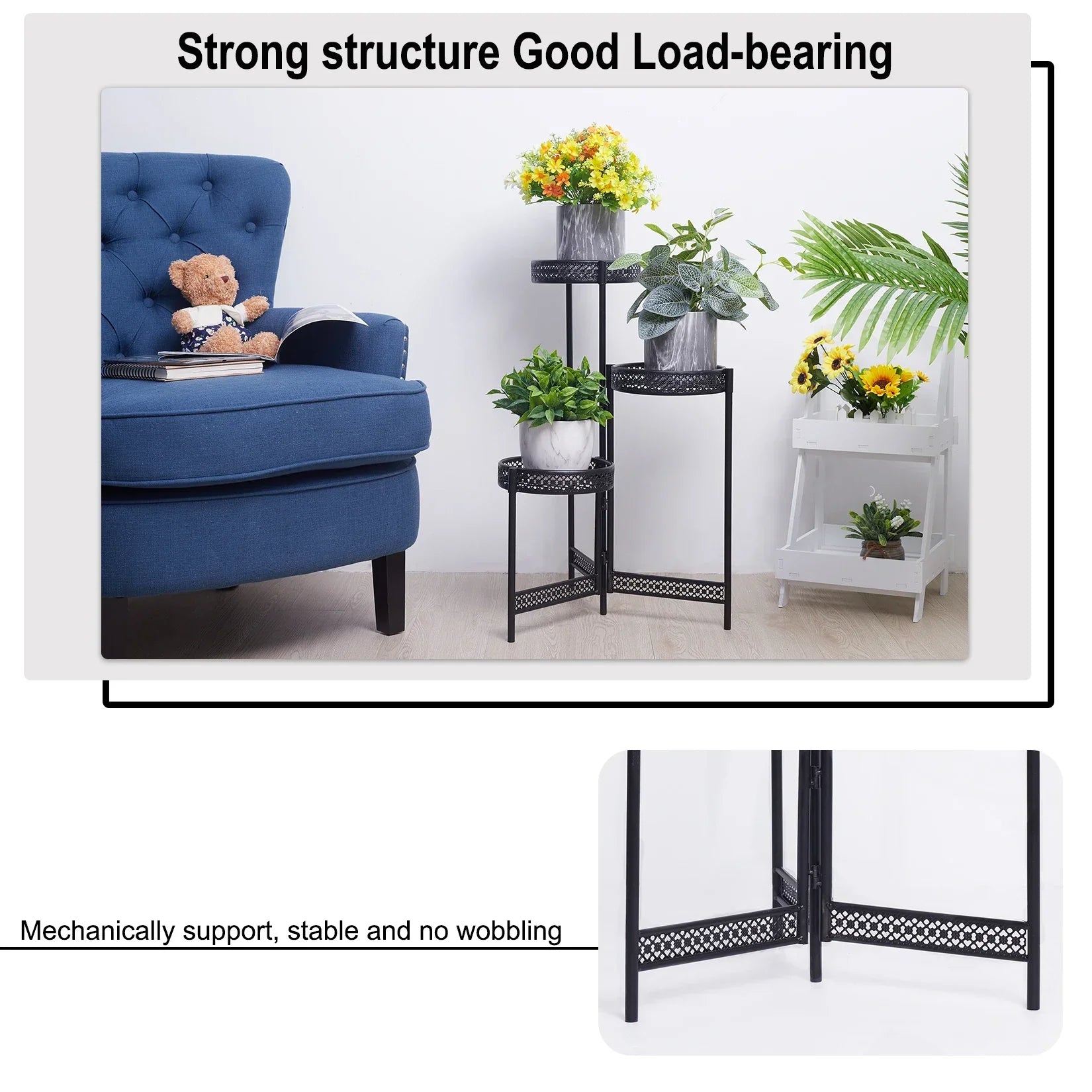 Support de Plante - Mobile 3 Niveaux - Design Roulettes - Métal Noir