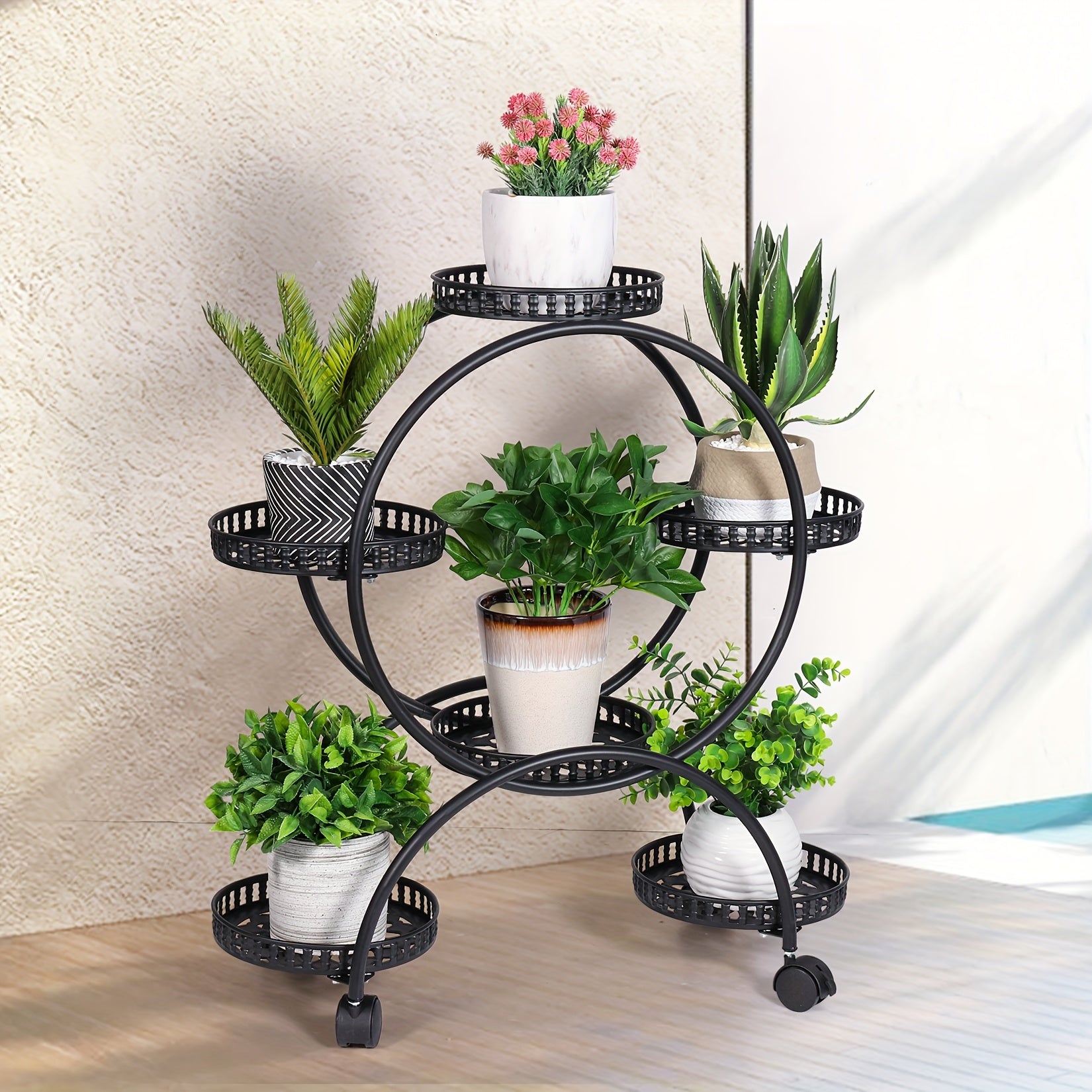 Porte Plante avec Roulettes à 6 Pots - Décor Terrasse